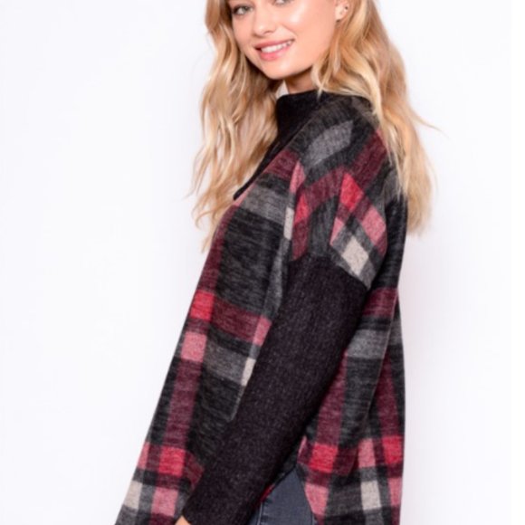 Red and Black Charcoal Plaid Brushed Sweater - Picture 5 of 9